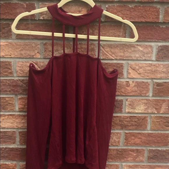 🔥HP 1-9 awesome Molly cold shoulder caged ribbed burgundy choker long sleeve - Picture 2 of 2